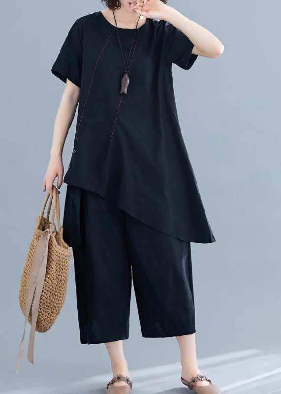 cropped women's topsNew loose women's fashion black cotton and linen irregular shirt + pants casual suit