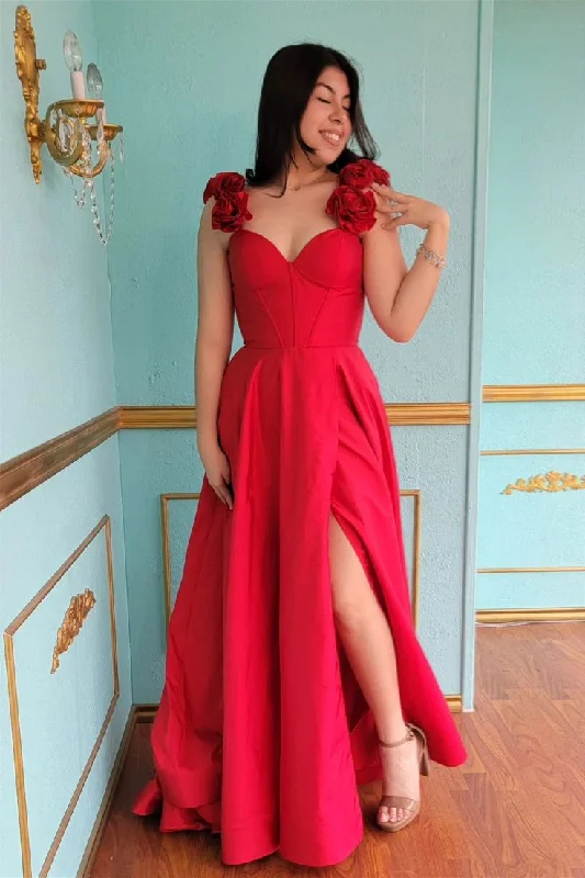 women's metallic dressesRed Floral Straps A-line Satin Long Prom Dress with Slit Y5683