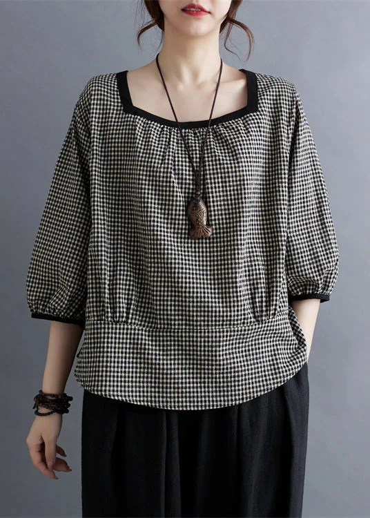 luxury women's topsHandmade Grey Square Collar Plaid Linen Shirt Tops Lantern Sleeve