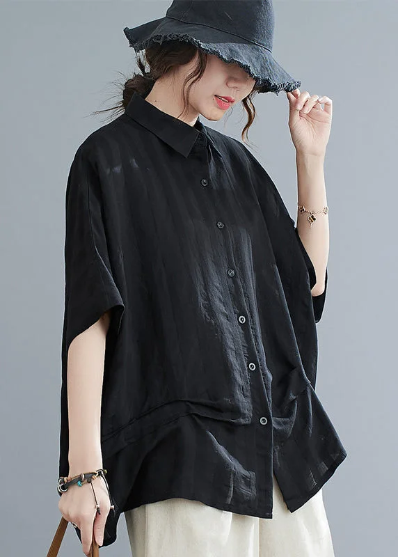 cozy women's tops for fall and winterStylish Black Oversized Wrinkled Cotton Shirt Top Summer