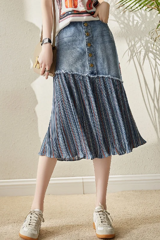 Mixed Material Contrast Pleated Denim Skirt