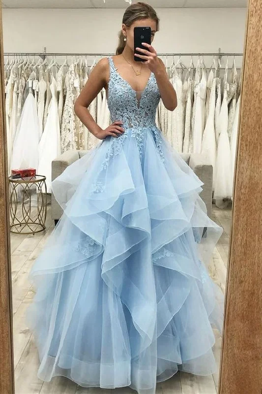 women's breathable dressesPrincess Blue A-line Ruffles Long Prom Dress Y5624