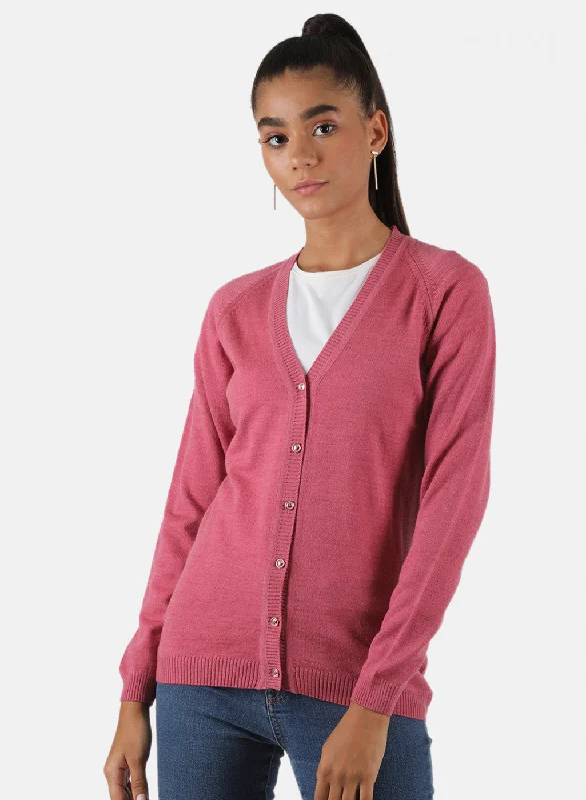 Extra-Large Knitted Crewneck SweatersWomen Pink Solid Cardigan