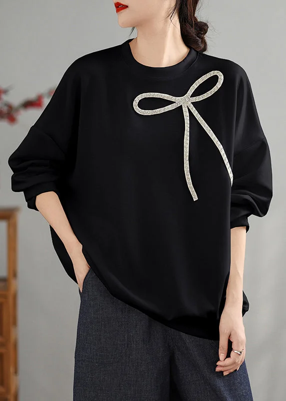 women's tops for those who want to wear pieces that are both comfortable and stylishBeautiful Black O Neck Bow Cotton Pullover Top Spring