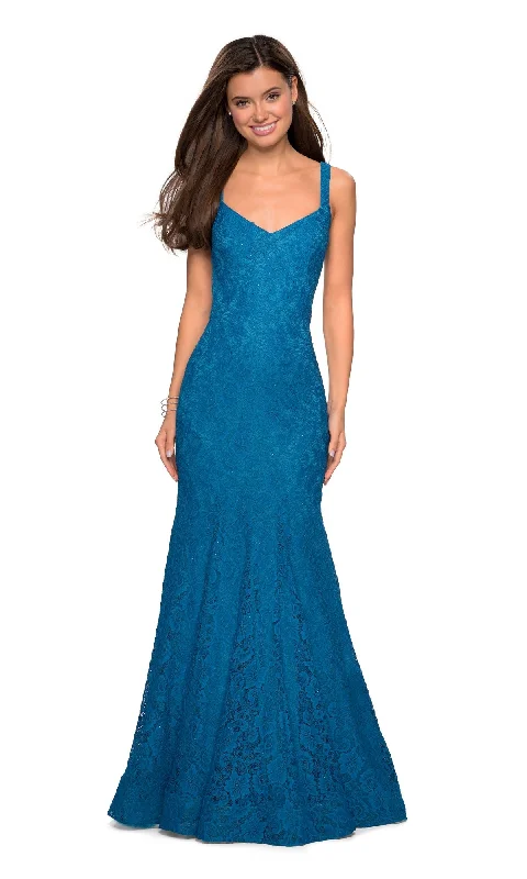 women's ruffle dressesLa Femme Open-Back Lace Mermaid Prom Dress 27709