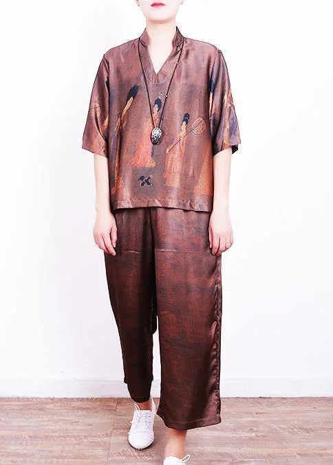 women's waterproof pantsSummer new brown print loose loose shirt + wide leg pants set