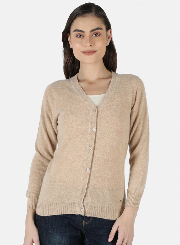 Fashionable Luxurious Chunky SweatersWomen Beige Solid Cardigan