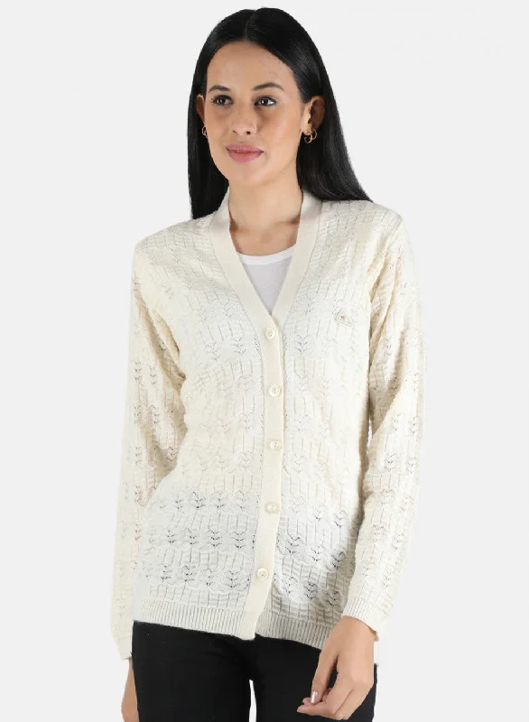 Wool SweatersWomen Off White Self Design Cardigan