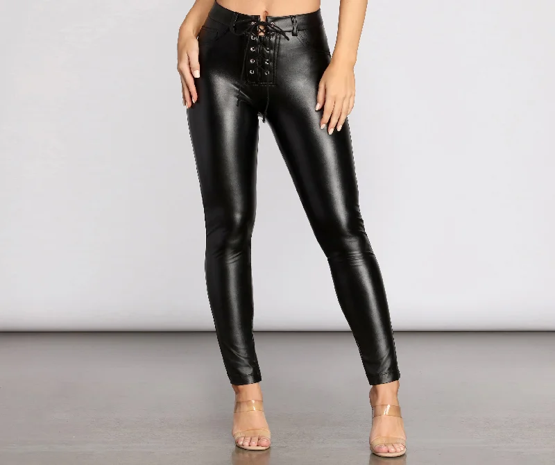 women's wide-leg pantsFaux Leather Lace Up Pants