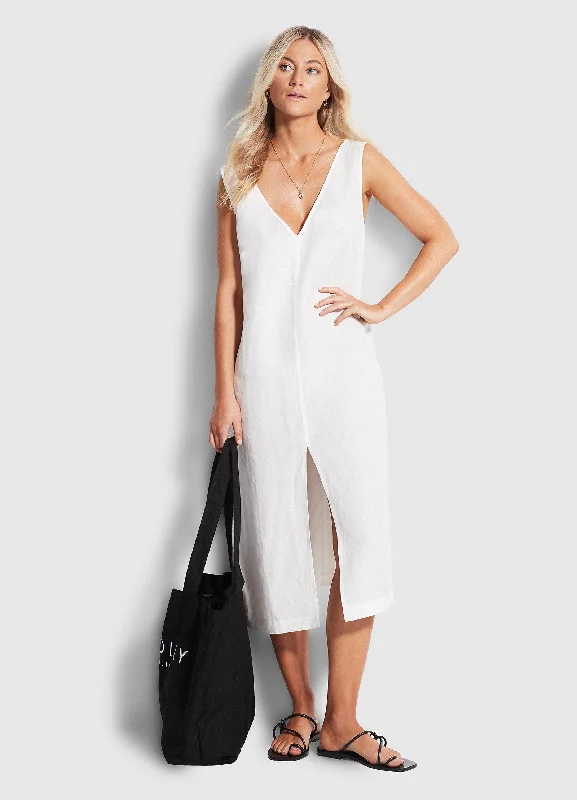 women's pear-shaped body dressesEssential Linen Midi Dress - White