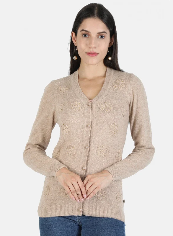 Crewneck Designer Fair Isle SweatersWomen Beige Self Cardigan