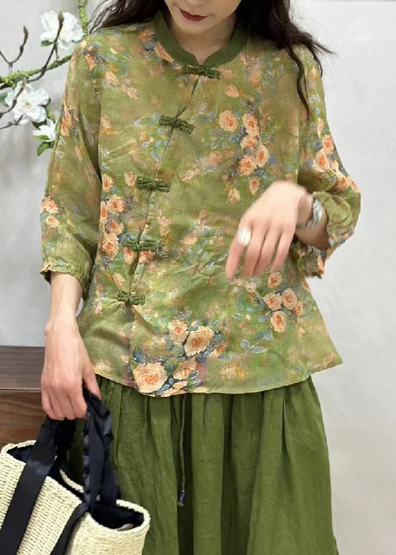 women's tops with floral printsWomen Green Chinese Button Print Linen Shirt Bracelet Sleeve