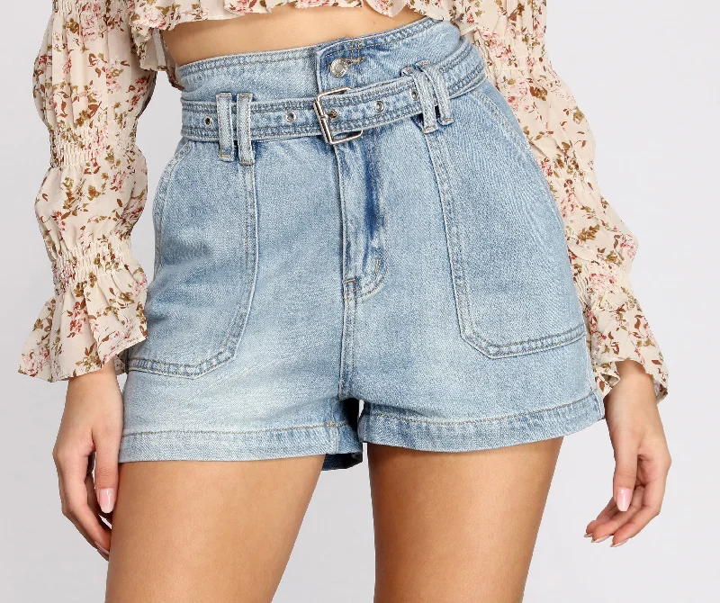 women's spandex shortsHigh Waist Belted Denim Shorts