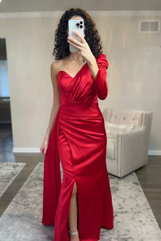 Petite DressAsymmetrical Red One-Sleeve Mermaid Long Prom Dress with Slit Y5722