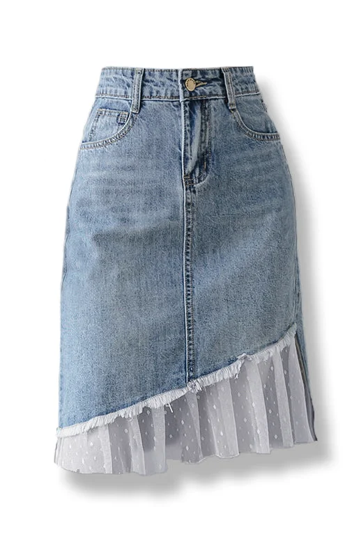 Asymmetrical Tulle Pleated Contrast Denim Skirt