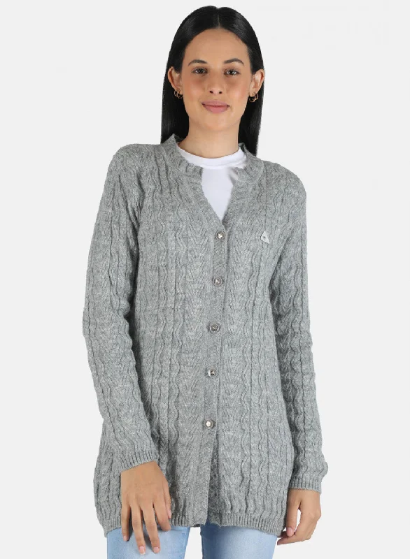 Flannel Knitted Crewneck SweatersWomen Grey Self Design Cardigan