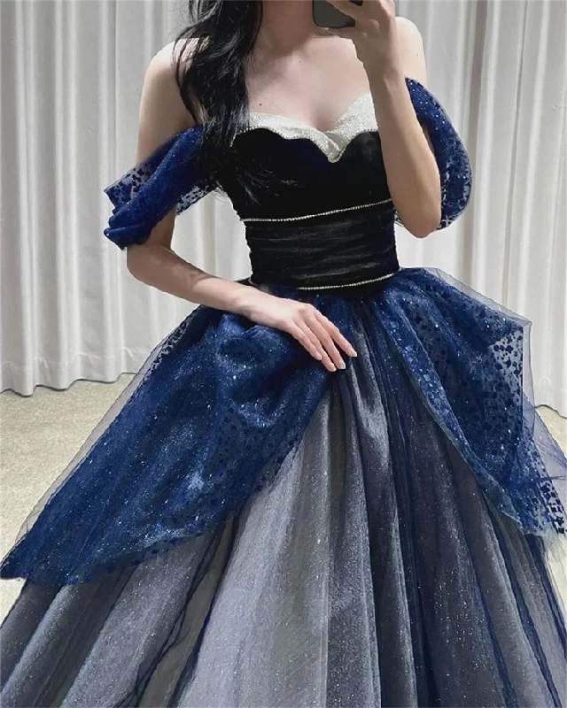 Party DressGothic Glitter Blue Princess Tulle Prom Dress, Blue Long Evening Prom Dress, Fairy Dresses, Cottagecore Dress, Princess Gown Y5611