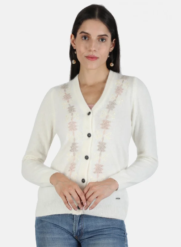 Cashmere SweatersWomen Off White Self Cardigan