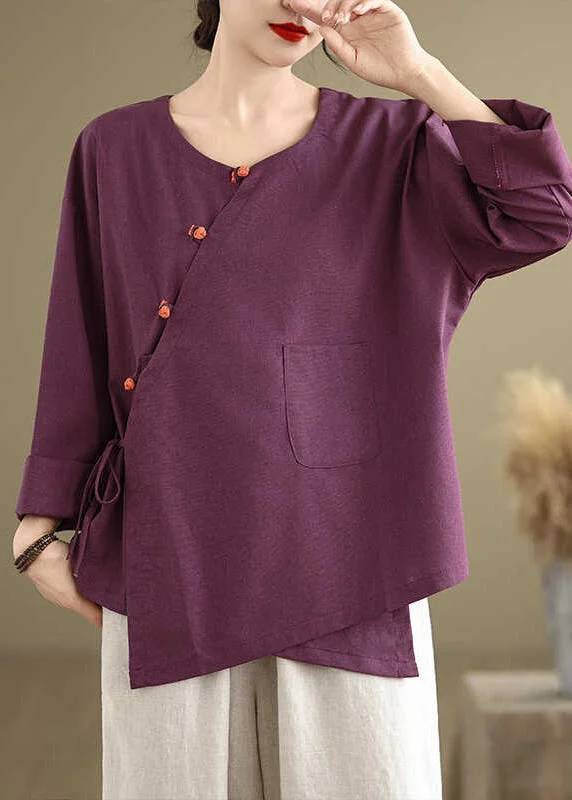 elegant women's topsVintage Purple Oversized Tie Waist Linen Shirts Spring