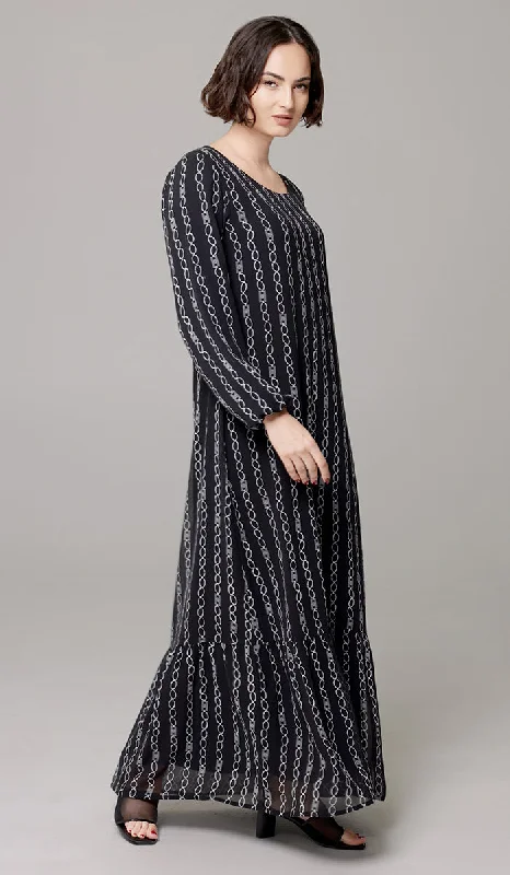 women's maxi dressesBatool Print Chiffon Modest Long Maxi Dress - Black/White Stripe