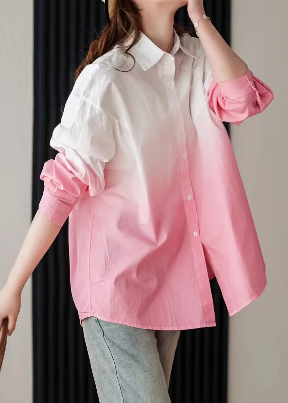 women's tops for glamorous eveningsStylish Pink Gradient Peter Pan Collar Cotton Blouse Top Spring