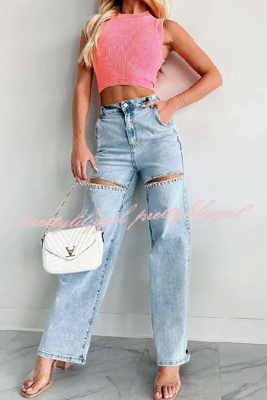 women's denim jeans for a relaxed lookBlowing Your Mind Slit-Front Wide Leg Pocket Rhinestone Jeans