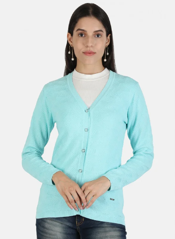 Retro Stylish Flannel SweatersWomen Blue Self Cardigan