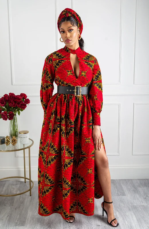 women's halter dressesTurtleneck Plunge African Print Maxi Dress | Long Sleeved Maxi Dress - CORDELIA