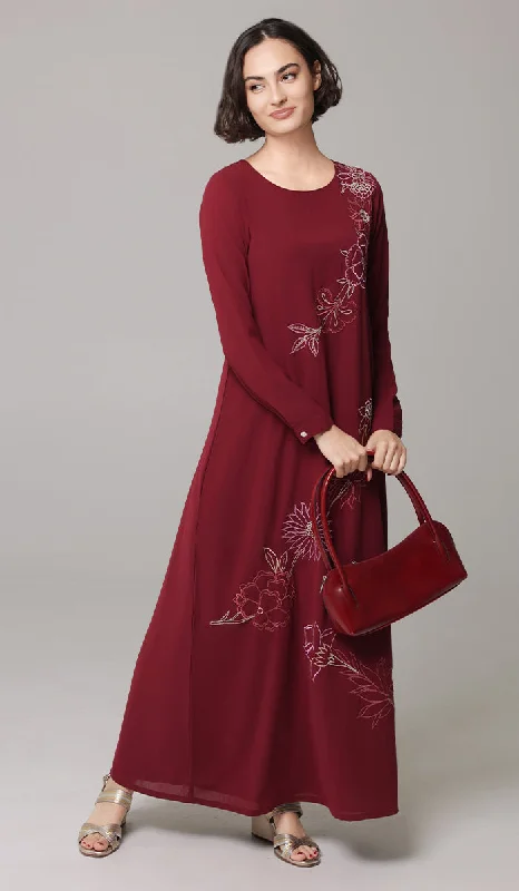 women's midi dressesSaman Embroidered Chiffon Modest Long Maxi Dress - Ruby