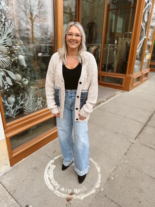 Oatmeal with Denim Pockets Sweater Cardigan