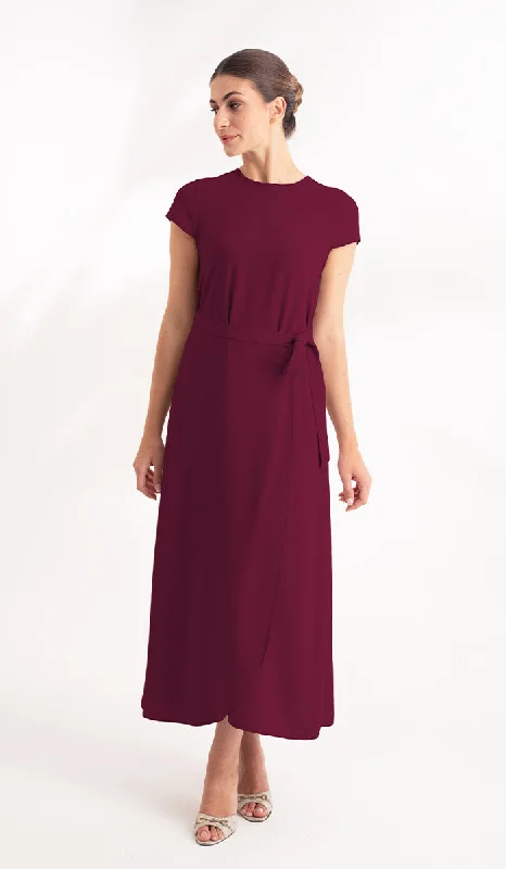 women's high-low dressesSebil Modest Long Wrap Front Maxi Dress - Maroon - Final Sale