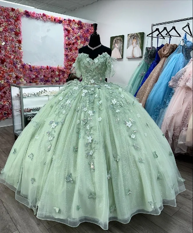 Laced DressSage Green Quinceanera Dresses With 3D Flowers Sweet 15 Birthday Ball Gown Y2614