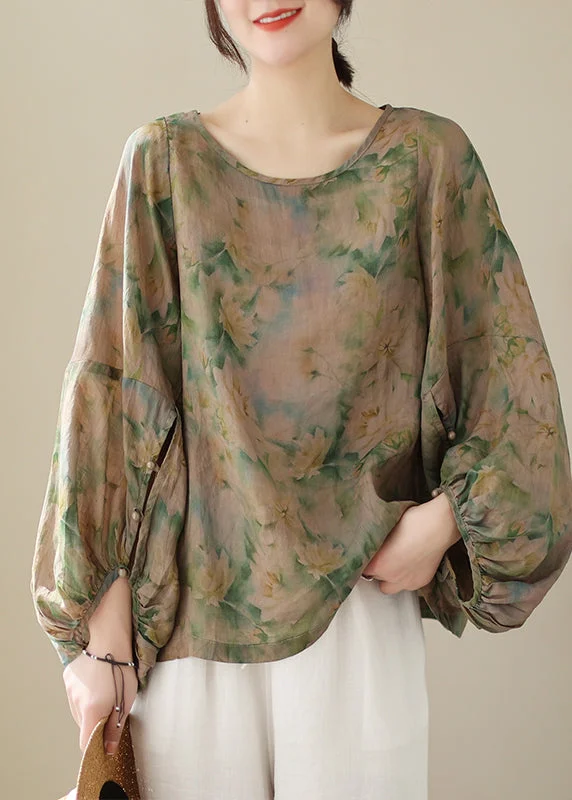 women's tops with sleeveless designsWomen Green Oversized Print Cotton Blouse Top Fall