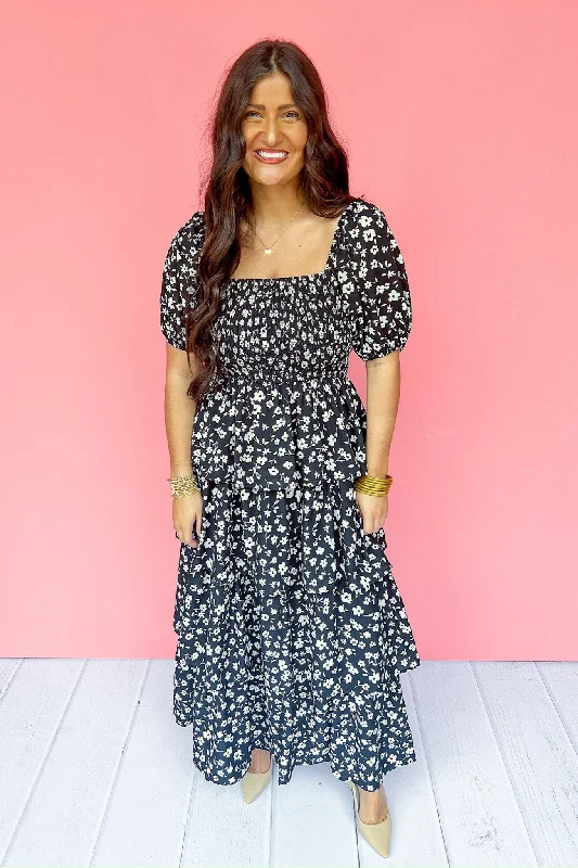 Chiffon DressSmocked Floral Square Neck Tiered Pocketed Maxi Dress in Black/Ivory