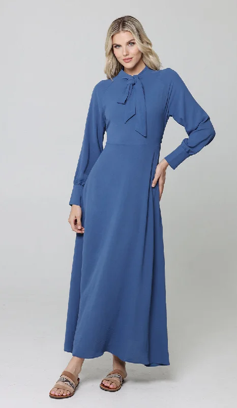 women's satin dressesAyza Modest Long Maxi Dress - Denim Blue