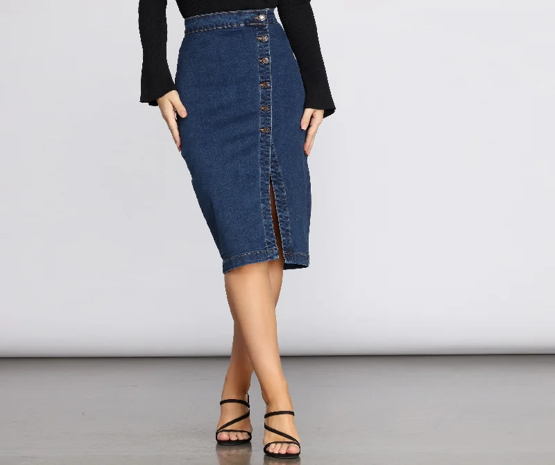 women's high-waisted skirtsDenim Button Up Midi Skirt