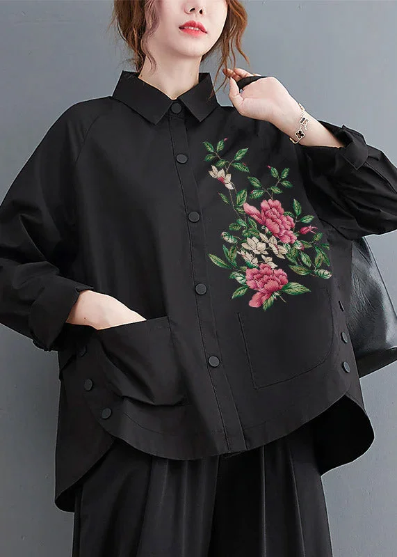 women's tops for business casual attireBlack-floral Patchwork Cotton Shirt Top Oversized Pockets Fall