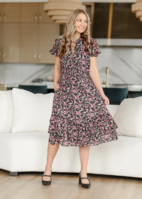 Retro DressFloral Short Sleeve Tiered Midi Dress