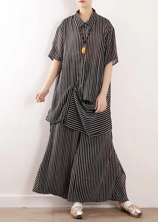 women's checkered pantsOriginal literary loose large size gray stripes were thin and irregular chiffon wide-leg pants two-piece suit