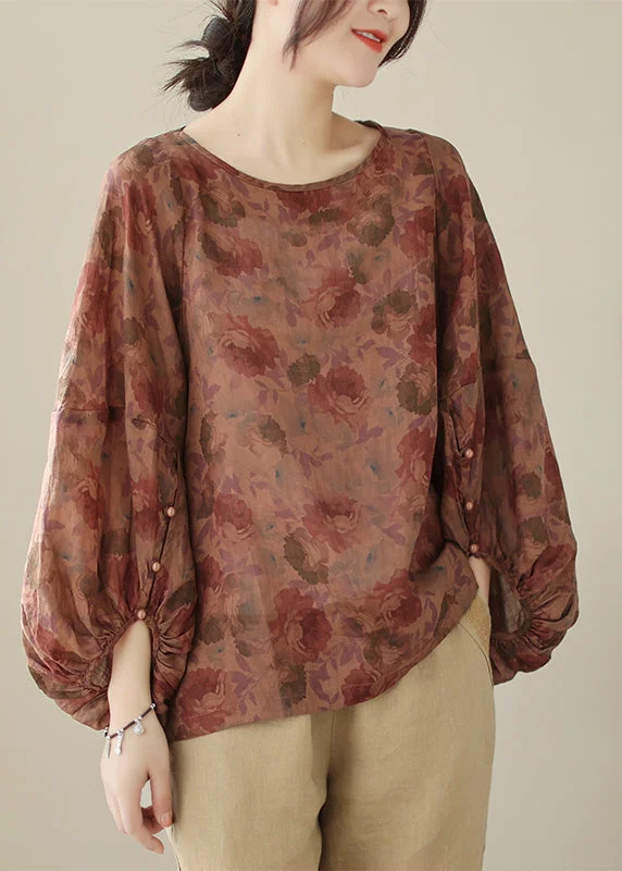 women's tops for those who want to add a touch of elegance and sophistication to their everyday wearDull Red Print Cotton Shirts Oversized Lantern Sleeve