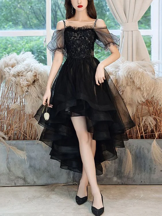 women's striped dressesBlack Sweetheart Tulle Lace High Low Prom Dress, Black Homecoming Dress Y5689