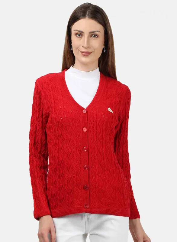 Soft Knitted SweatersWomen Red Self Design Cardigan