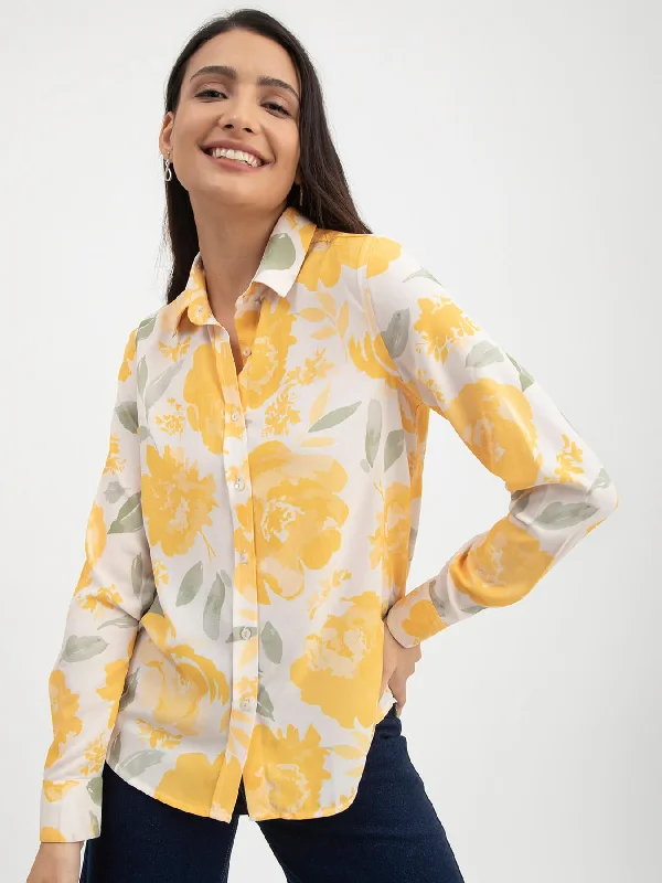 women's tops for those who want to create stylish and put-together outfits without spending a fortuneFloral Print Collared Shirt - White And Yellow