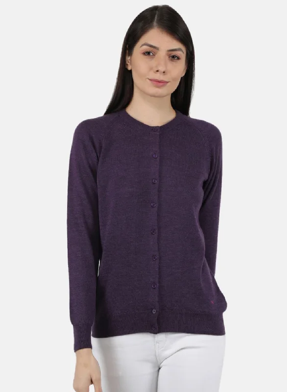 Retro Crewneck SweatersWomen Purple Solid Cardigan