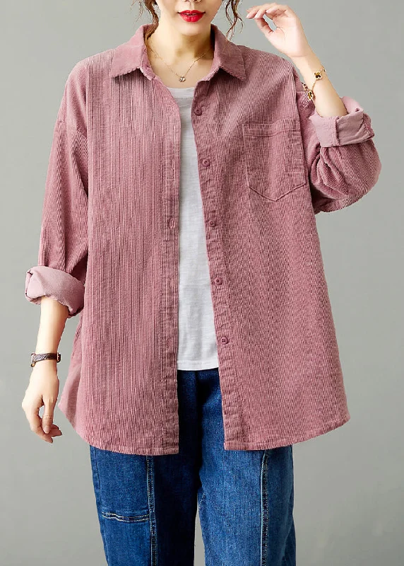 women's tops for those who love to dress up their casual looks with stylish topsPink Pockets Patchwork Corduroy Shirts Coat Peter Pan Collar Fall