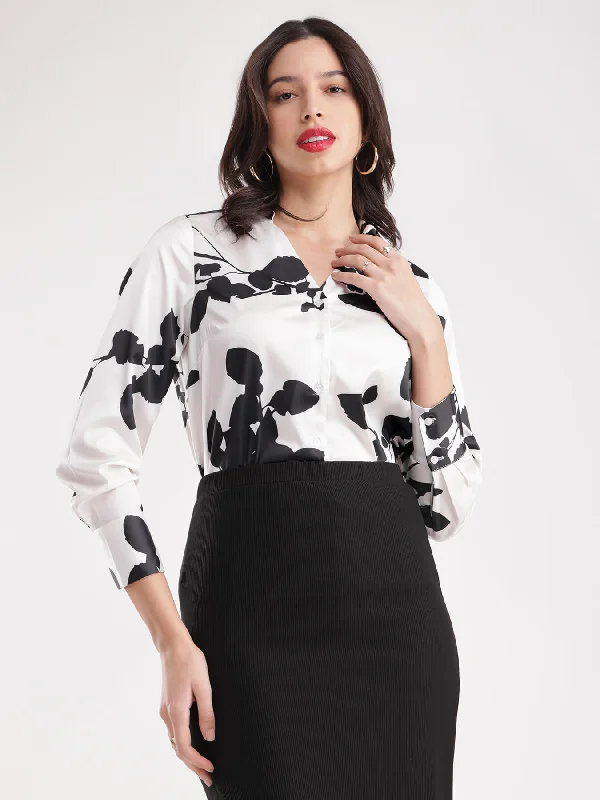 spaghetti strap women's topsSatin Floral Shirt - White And Black