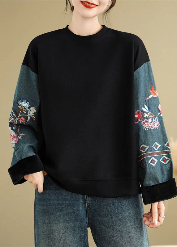 Black Denim Patchwork Cotton Pullover Embroidered Spring