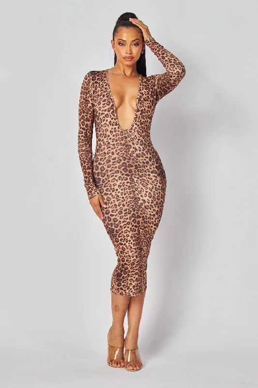 women's casual Friday dressesGreta Deep V Leopard Print Bodycon Midi Dress