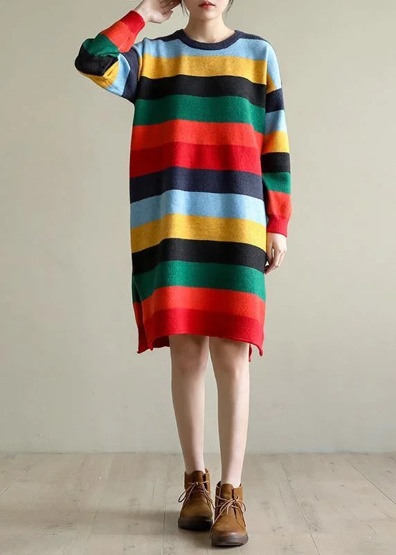 women's stylish topsChristmas rainbow striped Sweater knit top pattern Moda side open oversized spring knitted tops