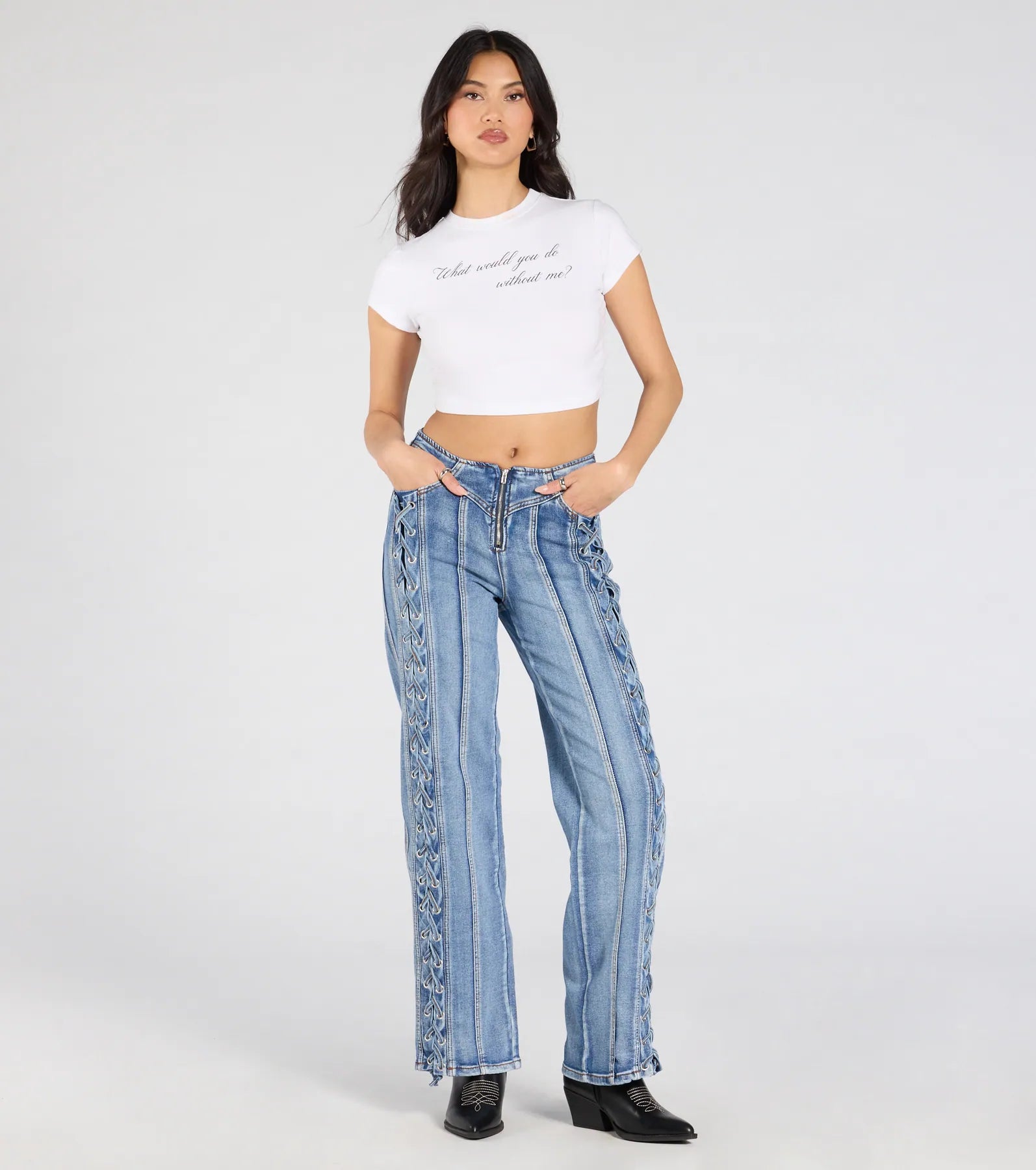 women's denim jeans for a trendy vibeTrendy Club Lace-Up Straight-Leg Jeans